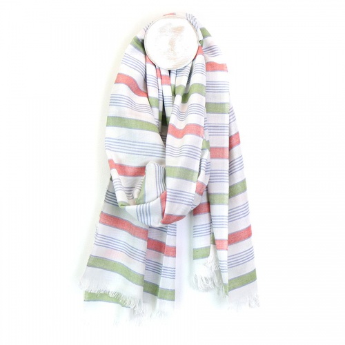 White Viscose Scarf with Sage, Pink & Blue Stripes by Peace of Mind